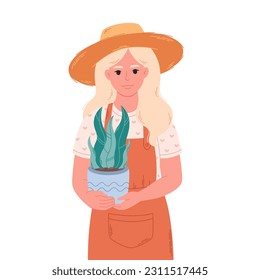 Woman gardener with potted house plant. Gardener, florist, farmer, botanics, seller in a flower shop. Vector illustration in flat style