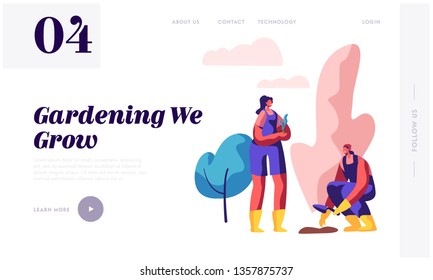 Woman Gardener with Shovel Planting Tree Landing Page. Girl Gardening with Garden Tool and Equipment. Female Worker Plant Nature in Land Website or Web Page. Flat Cartoon Vector Illustration