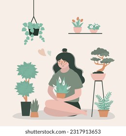 Woman gardener sitting surrounded by houseplants. Set of plants in pots, cacti. Girl cultivate and water flowers, home potted plants. Home plants care, gardening hobby and cozy domestic life. vector
