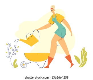 Woman Gardener with Watering Can. Female Character in the Garden Growing Plant. Farmer Girl Taking Care on Plant, Gardening Planting Flowers. Vector Flat illustration