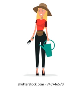 Woman gardener with watering can and scoop vector illustration isolated on white. Landscape designer blonde girl in hat in flat style