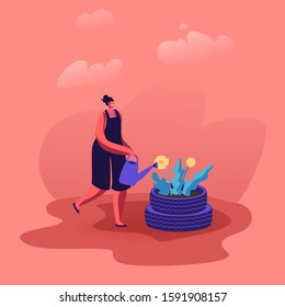 Woman Gardener Watering Flowers Planted into Old Used Tyres on Street. People Reuse Tires to Reduce Environmental Pollution. Gardening, Nature Protection Concept. Cartoon Flat Vector Illustration