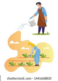 Woman Gardener Weeding Garden Bed. Farmer Growing, Planting and Caring of Plants in Greenhouse or Ranch. Farmer Character Watering Herbs, Grow Agricultural Products. Cartoon Flat Vector Illustration