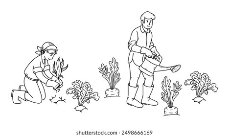 Woman gardener works and plants seedlings of vegetables. Man with watering can in hands. Watering plants, or vegetable garden. Agricultural working people tending garden doodle Vector illustration.