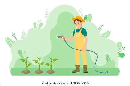 Woman gardener in yellow overalls and rubber boots water plants using hose. Green stems grow out of the ground. Shapeless flowing green floral background. Care for the garden, agriculture. Flat image