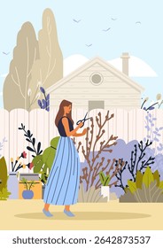 Woman gardening backyard plants spring pruning outdoor activity peaceful landscape cottage fence potted flowers colorful foliage blue sky website banner