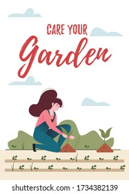 Woman gardening. Cartoon girl planting gardens, seedlings, flowers on white background. Vector flat illustration.