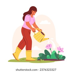 Woman gardening concept. Young girl with watering can near pink flowers. Horticulture and botany. Care about plants. Cartoon flat vector illustration isolated on white background