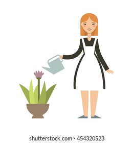 Woman gardening. Happy young woman watering flowers. Woman gardener. Housewife. Vector illustration.