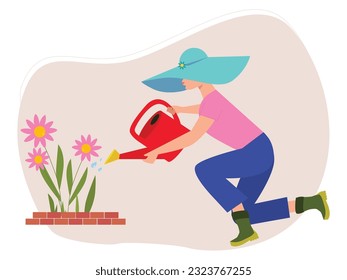 Woman gardening with hat and boots, watering pink flowers, taking care of the plants in the house to make them grow. Vector flat illustration