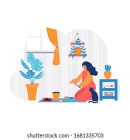 Woman Gardening Hobby. Young girl plants flowers in a pot. Home garden concept.  Vector Illustration