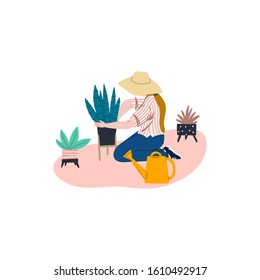 Woman is gardening at home. Girl with watering can, houseplant sansevieria, aloe etc. Urban jungle flat cartoon illustration vector hand drawn concept. 