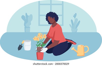 Woman gardening indoors 2D vector isolated illustration. Leisure activity while staying at home. Girl with houseplant flat character on cartoon background. Creative hobby colourful scene