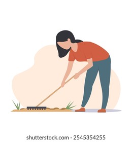 Woman Gardening with Rake in Minimalist Style. Vector illustration