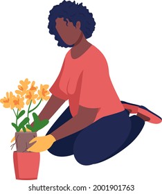 Woman gardening semi flat color vector character. Cultivate plant. Sitting figure. Full body person on white. Hobby isolated modern cartoon style illustration for graphic design and animation