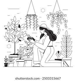 Woman gardening tomatoes and veggies in pots. Gardener girl with hat growing home fruits and vegetables garden. Happy female caring for her plants. Ecological farming and agriculture line art scene.