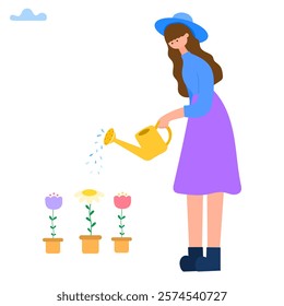 woman gardening and watering flowers for spring and summer concepts flat vector illustration