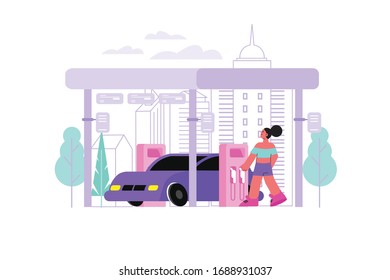 Composición plana de la estación de gas de la mujer con el paisaje urbano y la conductora mujer cargando su camión con ilustración del vector de gasolina