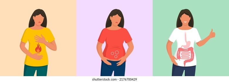 Woman with gastritis, bloated belly and healthy digestive system