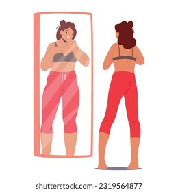 Woman Gazes At Herself In The Mirror, Perceiving Herself As Overweight Despite Her Slim Physique. Female Character with Dysmorphia or Low Self-esteem. Cartoon People Vector Illustration