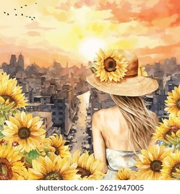 Uma mulher olha para a cidade no pôr do sol, envolta no brilho dourado de girassóis e luz suave da noite. ela sente uma conexão tranquila- à terra, à alma, desenho à mão, ilustração Vetor.