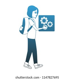 Woman with gear social network symbol blue lines