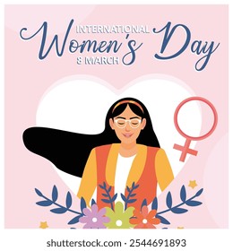 Woman with gender symbol. White heart-shaped background. Women's History Month 2025 concept. Flat vector illustration. 