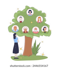 Woman with genealogic tree simple. Different generations and family history and schemes. Grandparents, parents and kids. Doodle flat vector illustration isolated on white background