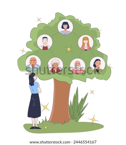 Woman with genealogic tree simple. Different generations and family history and schemes. Grandparents, parents and kids. Doodle flat vector illustration isolated on white background
