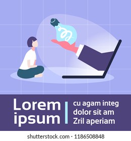 woman generated new idea human hand hold light lamp from laptop monitor screen online creative innovation startup project concept copy space flat vector illustration