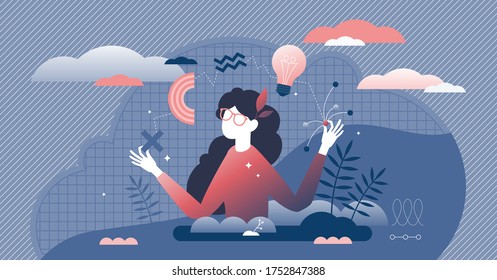 Woman generating ideas, vector illustration.  Flat person engaged in creative thinking and mind flow concept. Abstract scene with genius woman thinking and connecting information.  Process for new unique projects.