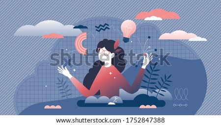 Woman generating ideas, vector illustration.  Flat person engaged in creative thinking and mind flow concept. Abstract scene with genius woman thinking and connecting information.  Process for new unique projects.