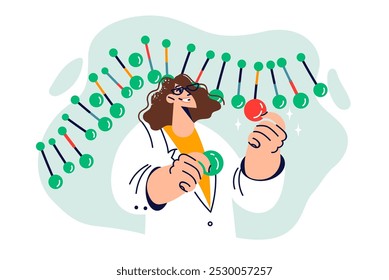 Genetikerin modifiziert DNA-Kette und menschliches Genom, um genetische Krankheiten zu heilen, die von Eltern weitergegeben werden. DNA-Sequenzierung und Modifikation von RNA-Molekülen zur Erhöhung der Lebenserwartung von Patienten