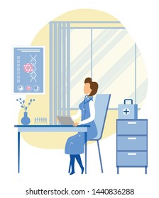 Woman Geneticist and Scientist Explores Patient DNA Sitting in Modern Staffroom. Dashboard with Health Consumer Personal Information. Diseases Diagnosis, Medical Test Results. Vector Flat illustration