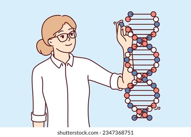 Woman geneticist studies DNA chain standing near genome molecule and modifying genetic sample. Young girl will investigate sequencing and mutation of human DNA that causes deadly diseases