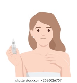 Woman with a gentle smile holds a dropper bottle of skincare serum. Flat vector illustration isolated on white background