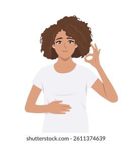 Woman gently holding her stomach with one hand and making an OK gesture. Flat Vector character illustration