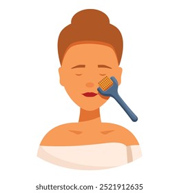 Woman is gently rolling a derma roller on her face as part of her skincare routine