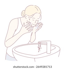 Uma mulher está lavando suavemente o rosto em uma pia, exibindo lindamente uma rotina de cuidados com a pele simples, mas eficaz