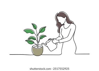 Woman gently waters a green plant continuous black line art isolated flat vector illustration on white background