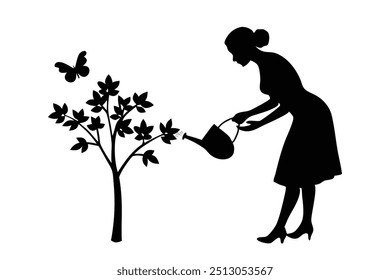 A Woman gently waters a small tree while a butterfly flutters nearby, showcasing a serene moment in nature Silhouette flat vector illustration