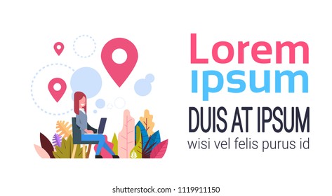 woman geolocation tag marked bubbles map pin hold laptop navigation concept background flat copy space banner vector illustration