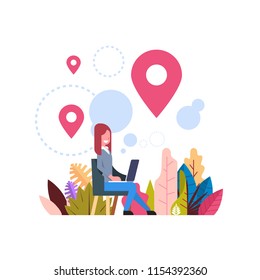 woman geolocation tag marked bubbles map pin hold laptop navigation concept background flat vector illustration