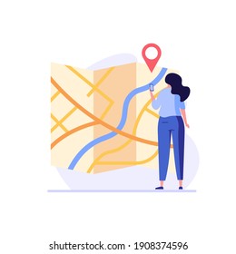 Mujer geolocalizando y buscando la ruta correcta en la aplicación. Concepto de geolocalización, navegación gps, mapa en línea, pin gps, forma correcta. Ilustración vectorial en diseño plano para aplicaciones móviles, banner web