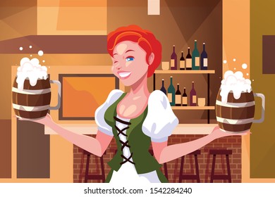 woman with german traditional dress drink beer in bar Oktoberfest celebration vector illustration design