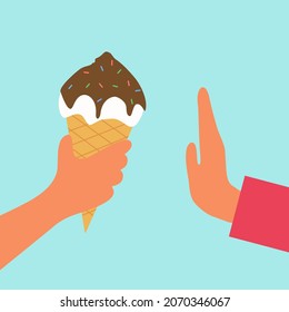 Woman Gesture Hand Refuse To Ice Cream In Flat Design. Dieting Or Stop Unhealthy Eating.