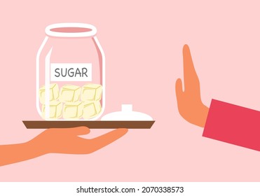Woman Gesture Hand Refuse To Sweet In Flat Design. Sugar Free. No Sugar Concept.