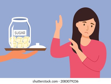 Woman Gesture Hand Refuse To Sweet In Flat Design. Sugar Free. No Sugar Concept.