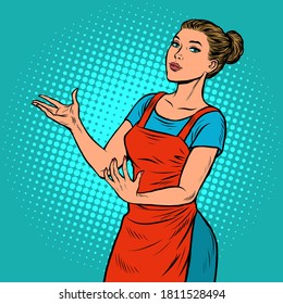 Woman gesture presentation. Pop art retro vector illustration 50s 60s style
