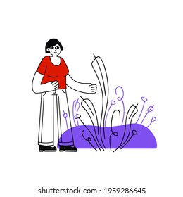 Woman gestures. Modern female character talking in abstract park. Outline cartoon illustration with nature floral element